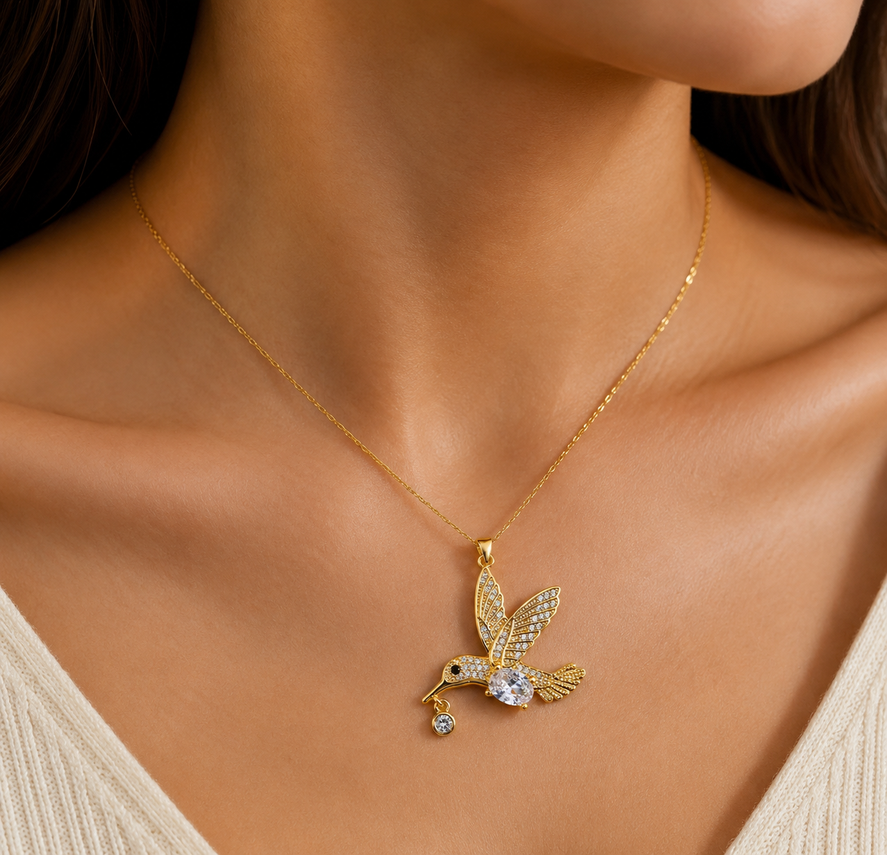Hummingbird Pendant / Nature Inspired Statement Jewelry 1.35"- 14K Gold-Filled