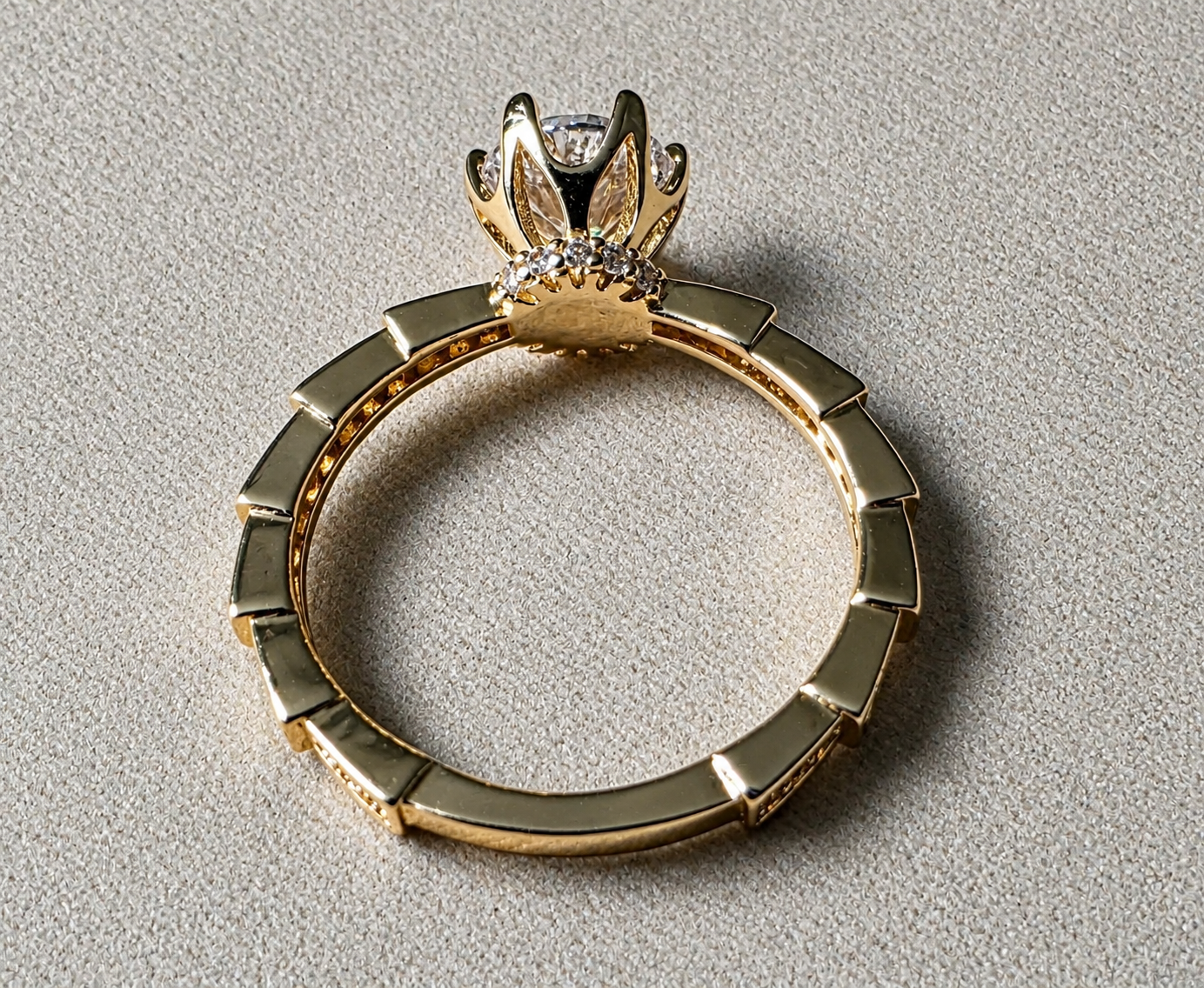 Elegant Gold Solitaire Ring with Pavé Band-Size 7
