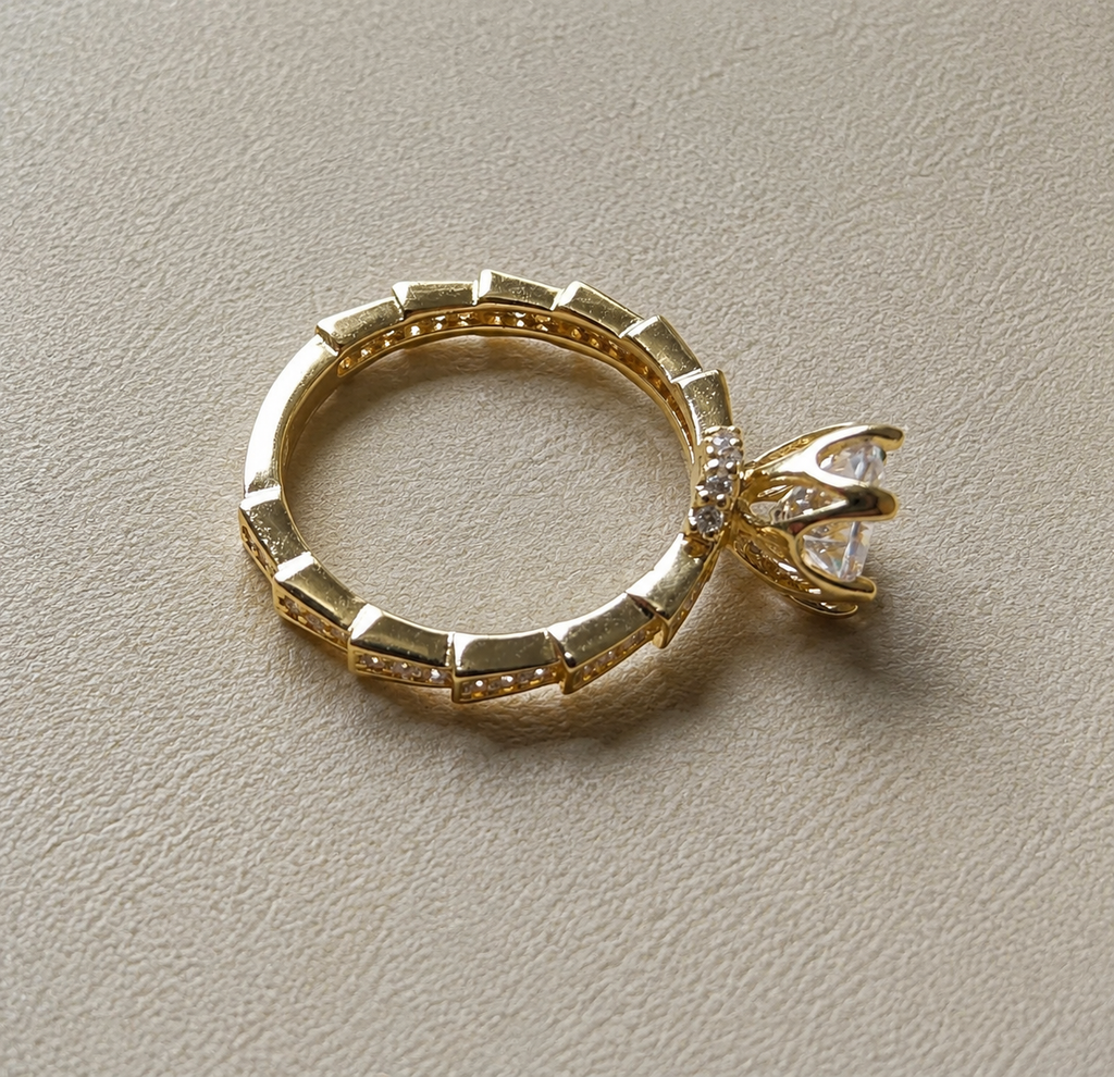Elegant Gold Solitaire Ring with Pavé Band-Size 7